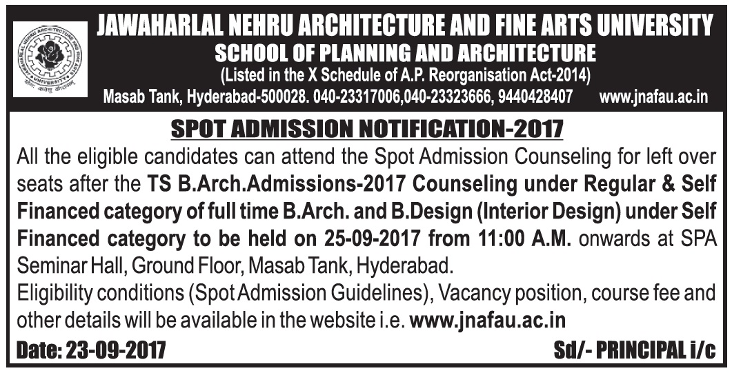 Spot Admission Notifications For B.arch. – 2017 And B.design -2017 ...